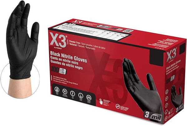 X3 Black Nitrile Disposable Industrial-Grade Gloves 3 Mil, Latex and Powder-Free